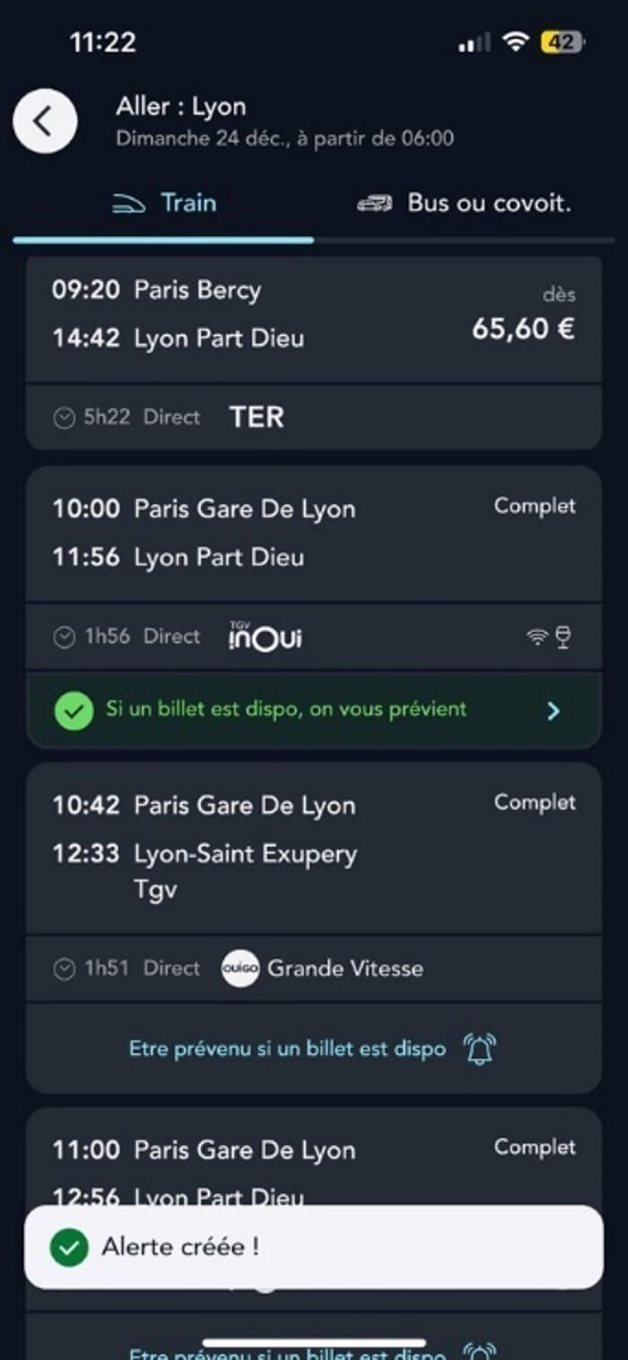 écran de la page des résultats de recherche de billet sur l'application SNCF Connect illustrant l'option alerte train complet activée