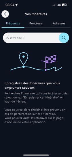Ecran de l'onglet Itinéraires fréquents de l'appli SNCF Connect