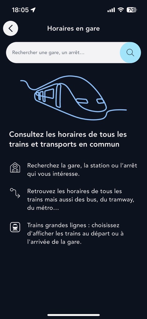 Ecran de l'onglet Horaires en gare de l'appli SNCF Connect