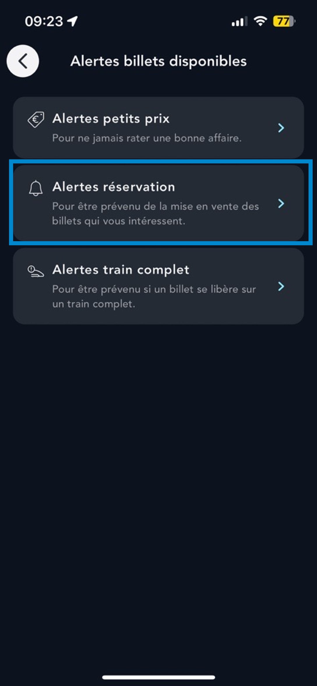 Ecran de l'onglet Alertes réservation sur l'appli SNCF Connect
