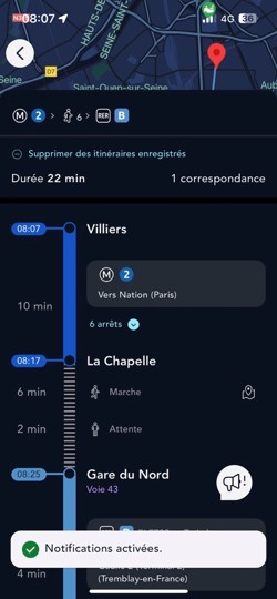 Ecran de l'itinéraire enregistré avec l'alerte activée sur l'appli SNCF Connect