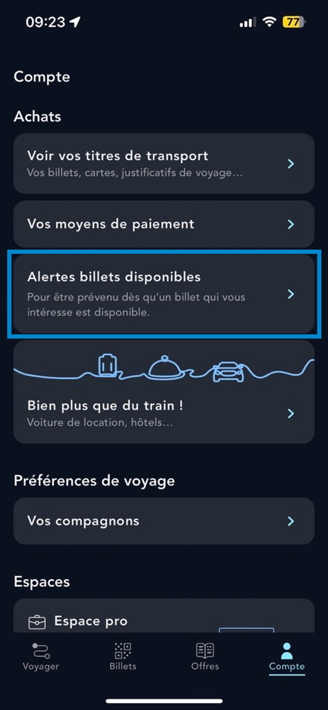 Ecran de l'onglet Alertes billets disponibles sur l'appli SNCF Connect