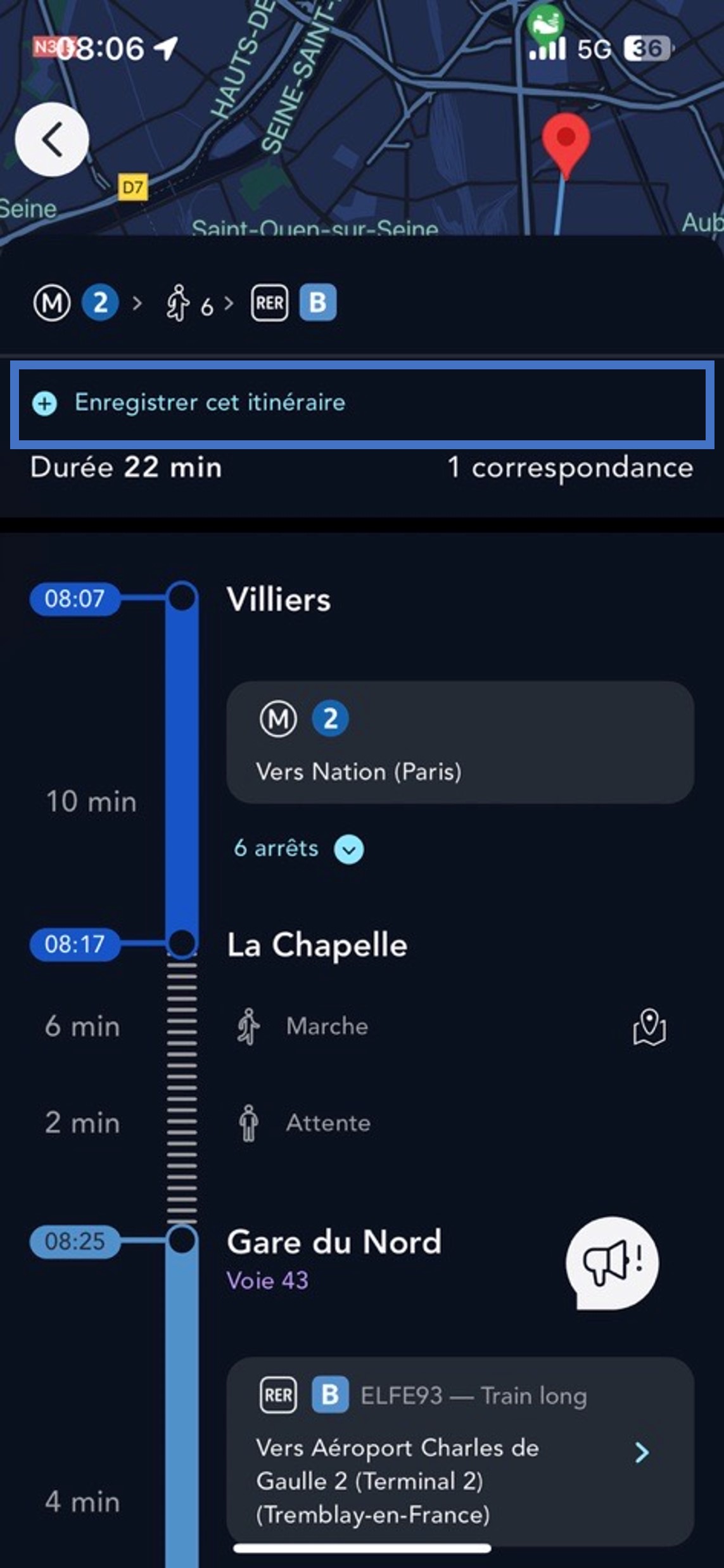Ecran de l'enregistrement de l'itinéraire fréquent de l'appli SNCF Connect