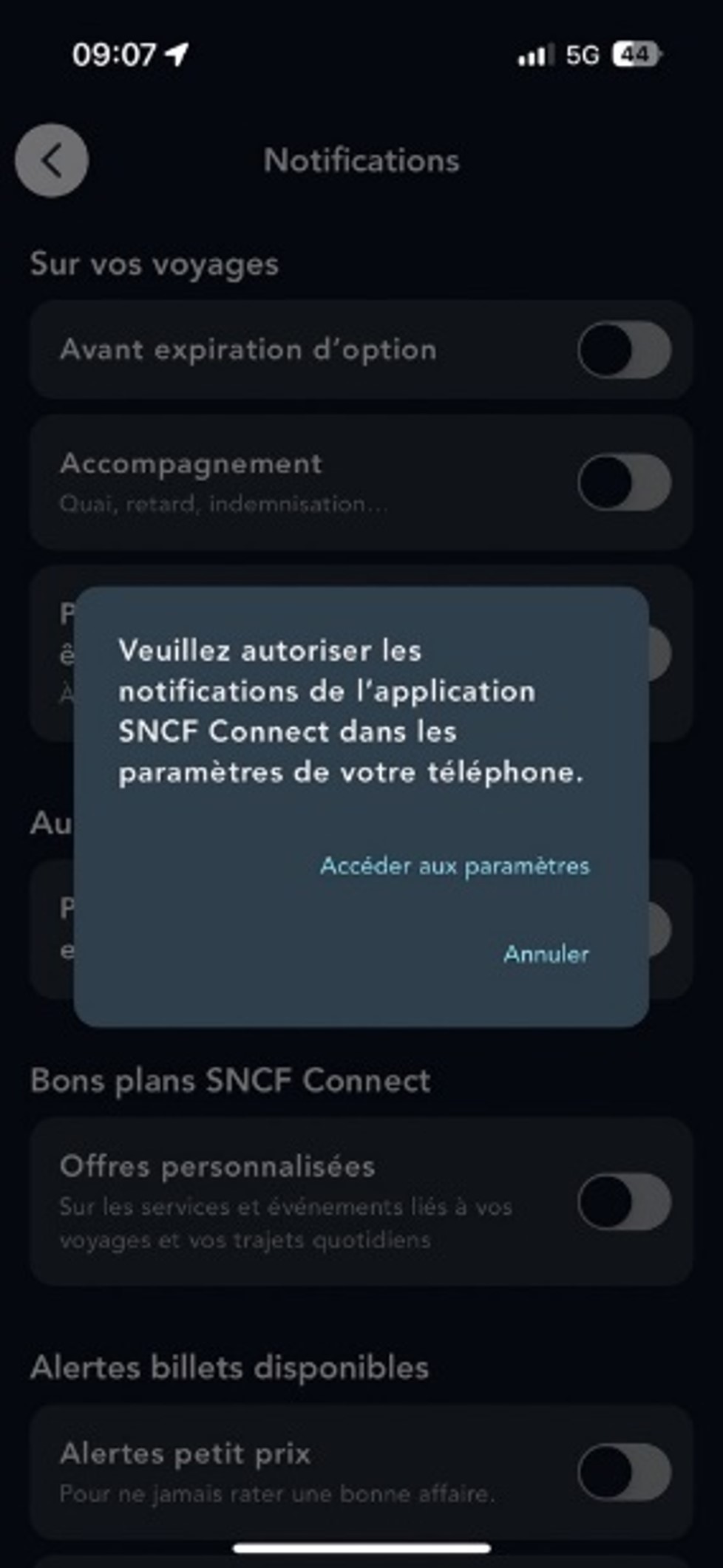 Autorisation des notifications de l'application SNCF Connect