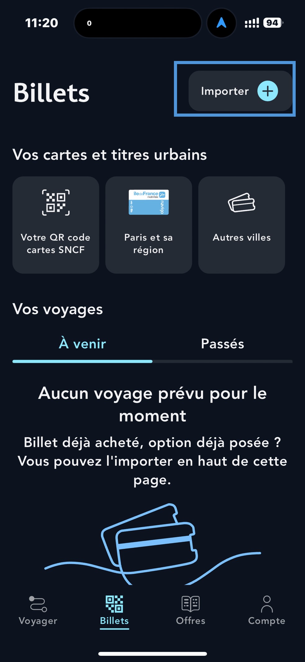 Ecran de la page Billets de l'appli SNCF Connect illustrant l'option d'ajout de billet