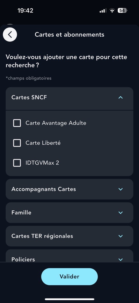 Ecran de la page Cartes et abonnements de l'application SNCF Connect