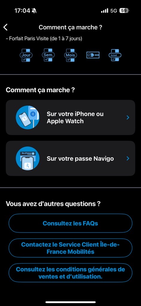 Ecran de la page de contact du service client Île-de-France Mobilités sur l'application SNCF Connect