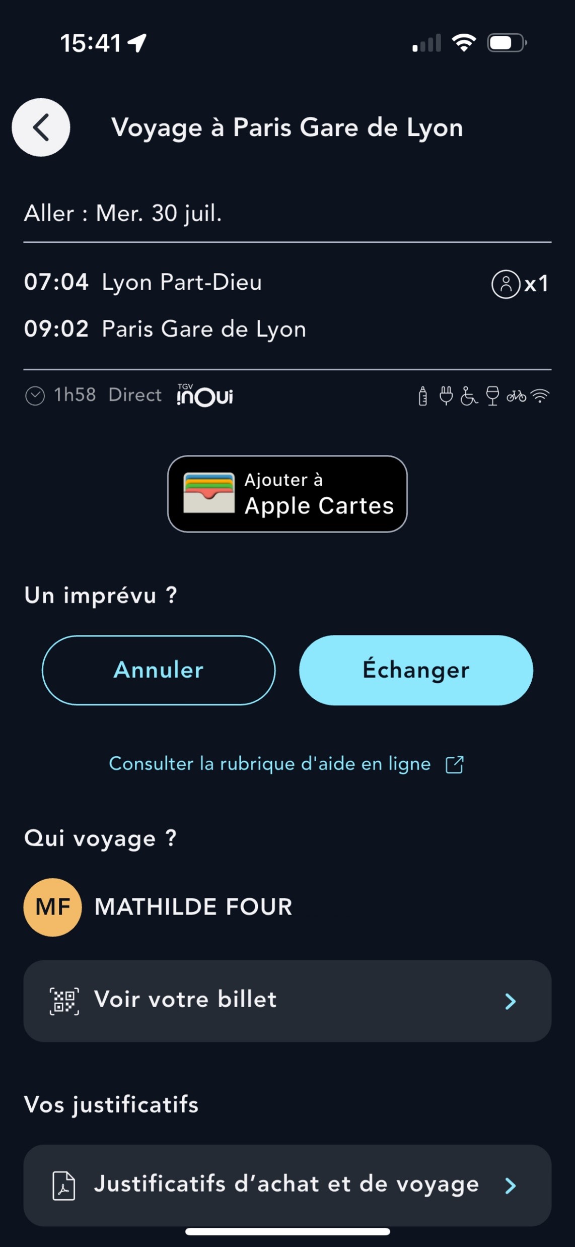 Ecran de l'échange ou l'annulation d'un billet sur l'application SNCF Connect