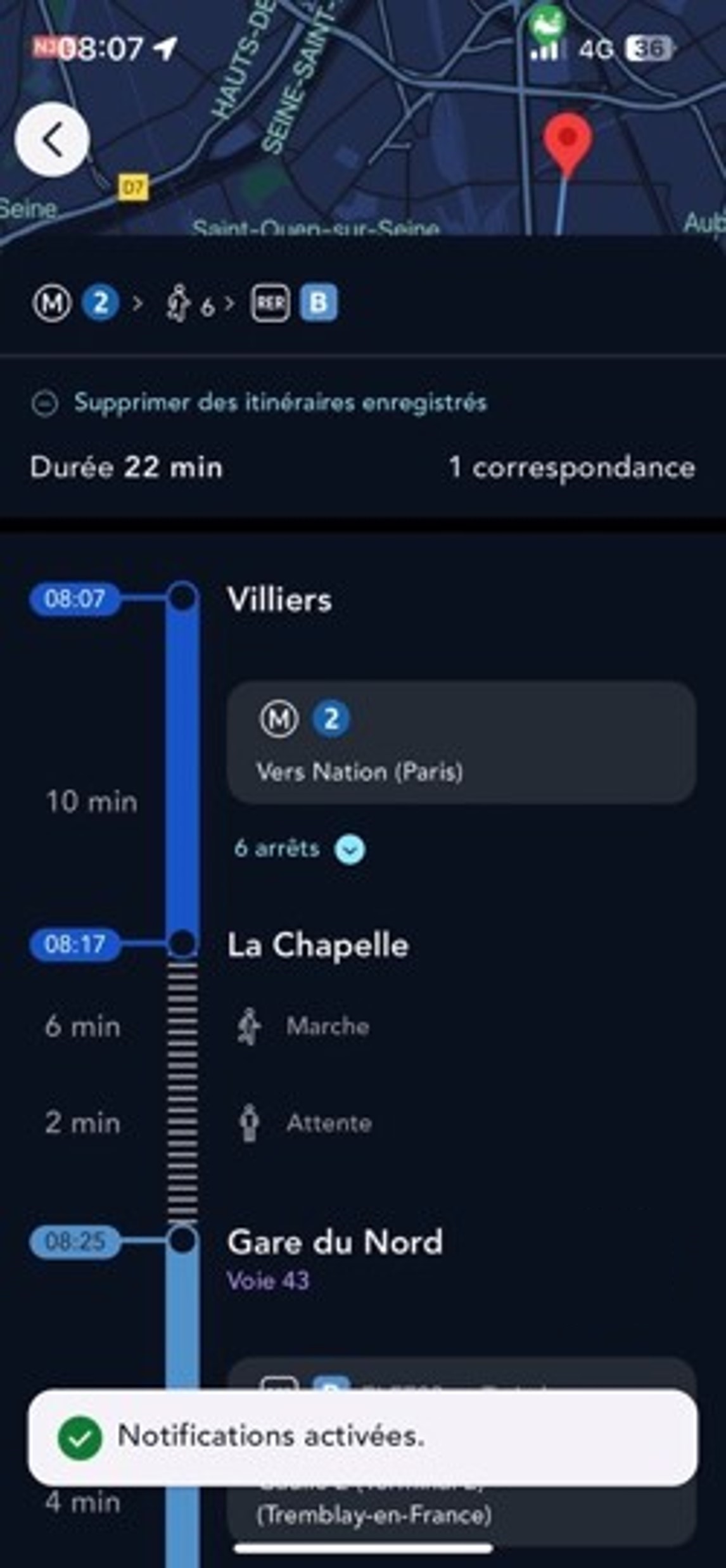 Ecran illustrant l'itinéraire fréquent enregistré avec les alertes activées