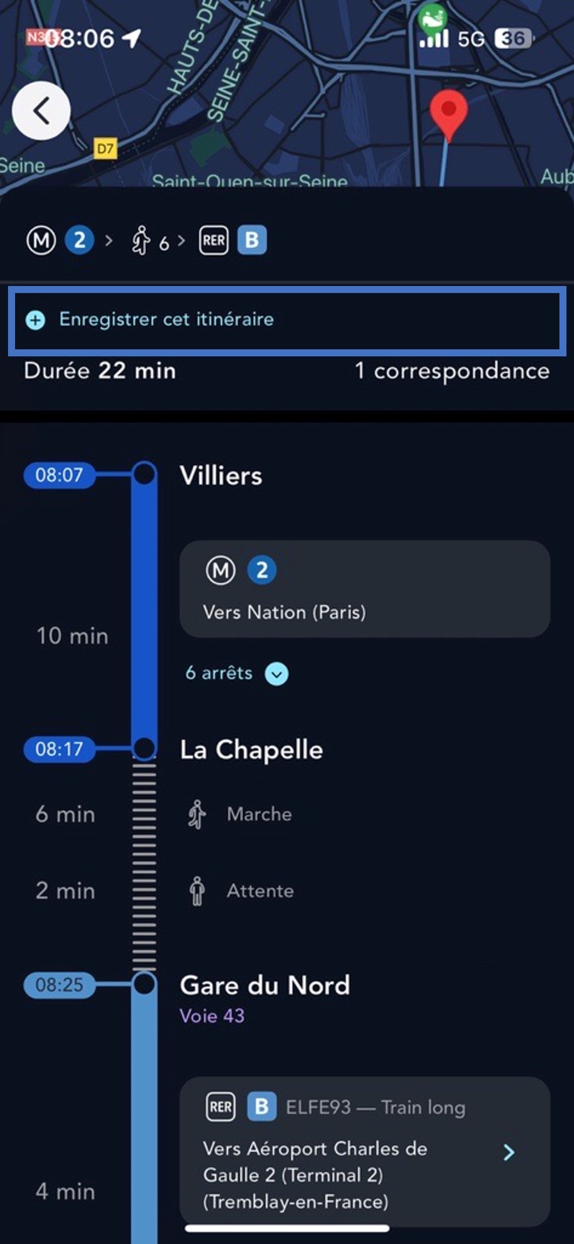 Ecran illustrant l'enregistrement d'un itinéraire fréquent sur l'application SNCF Connect